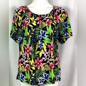 Rebecca Malone Vibrant Floral Blouse - Pink/Blue/Green‎ Sequin accents EUC sz XL